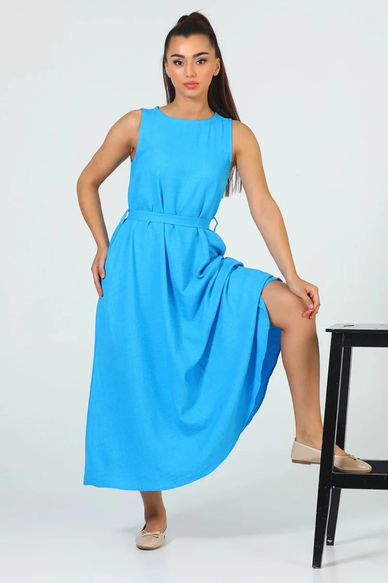 جولسلي Women's Crew Neck Pocket Detail Waist Belted Long Dress