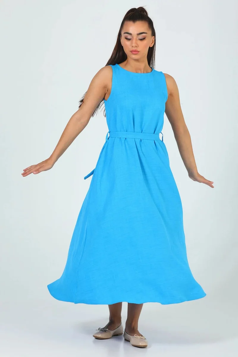 جولسلي Women's Crew Neck Pocket Detail Waist Belted Long Dress