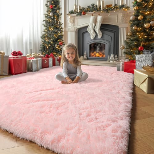Pink Area Rugs for Bedroom Girls Living Room Decor Fluffy Fuzzy Shag Rug 4x6 for Kids Room Soft Cute Indoor Floor Carpet for Baby Teen Nursery Preppy Dorm Playroom Plush Aesthetic Bedside Rug