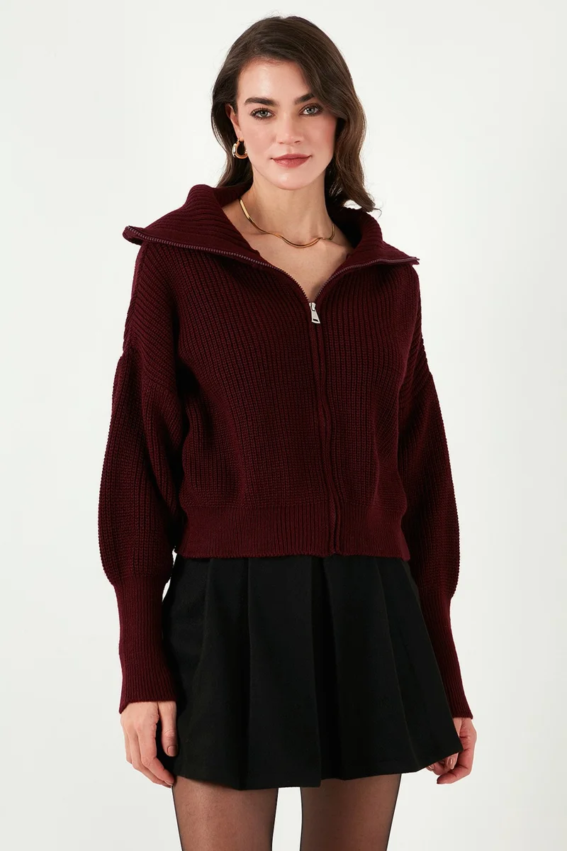 Lela Standard Fit Balloon Sleeve Zippered Selanik Knitted Cardigan Women's CARDIGAN 4615562