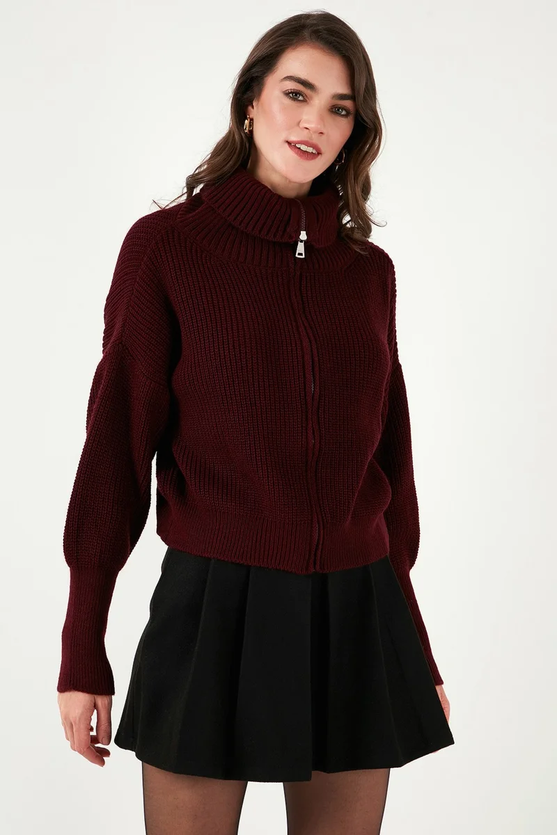 Lela Standard Fit Balloon Sleeve Zippered Selanik Knitted Cardigan Women's CARDIGAN 4615562