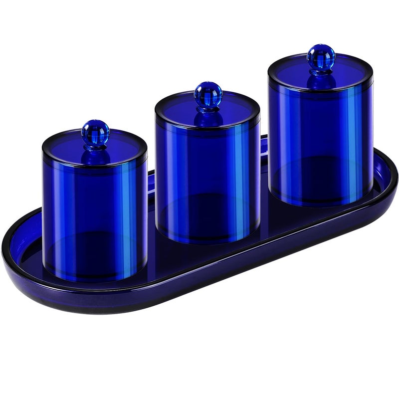 Qtip Holder Bathroom Set with Tray4PCS  3 Pack Acrylic Plastic Apothecary Jars Qtip Dispenser Canister with Lid and Labels 1 Pack Bathroom Vanity Tray for Cotton Ball Cotton Swab Blue
