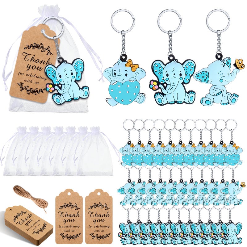 120 Pcs Blue Elephant Cute Baby Shower Party Favors Elephant Keychain with Organza Bags Thank You Kraft Tags and Rope for Guests Girls Boys Birthday Party Supplies Decorations