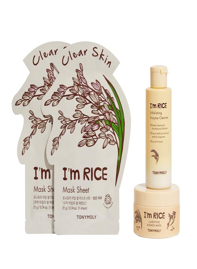 TONYMOLY I'm Rice Clarifying Skincare Set - 3-Step Face Care for Clear, Hydrated Skin - Includes Enzyme Powder Cleanser, Blemish Mask & Nourishing Sheet Masks - Gentle Exfoliation & Oil Control - Image 1