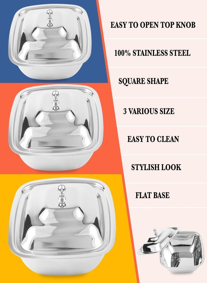 CRAFTONE Stainless Steel Square Mixing Bowls Set of 3 with Lid, Ideal for Baking & Serving Salad, Rice, Desert, Food Storage Bowl Set (20 Oz, 30 Oz and 35 Oz) - Image 4