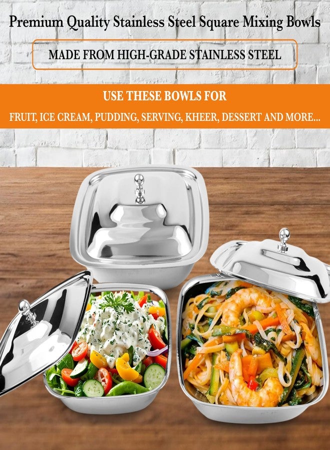 CRAFTONE Stainless Steel Square Mixing Bowls Set of 3 with Lid, Ideal for Baking & Serving Salad, Rice, Desert, Food Storage Bowl Set (20 Oz, 30 Oz and 35 Oz) - Image 3