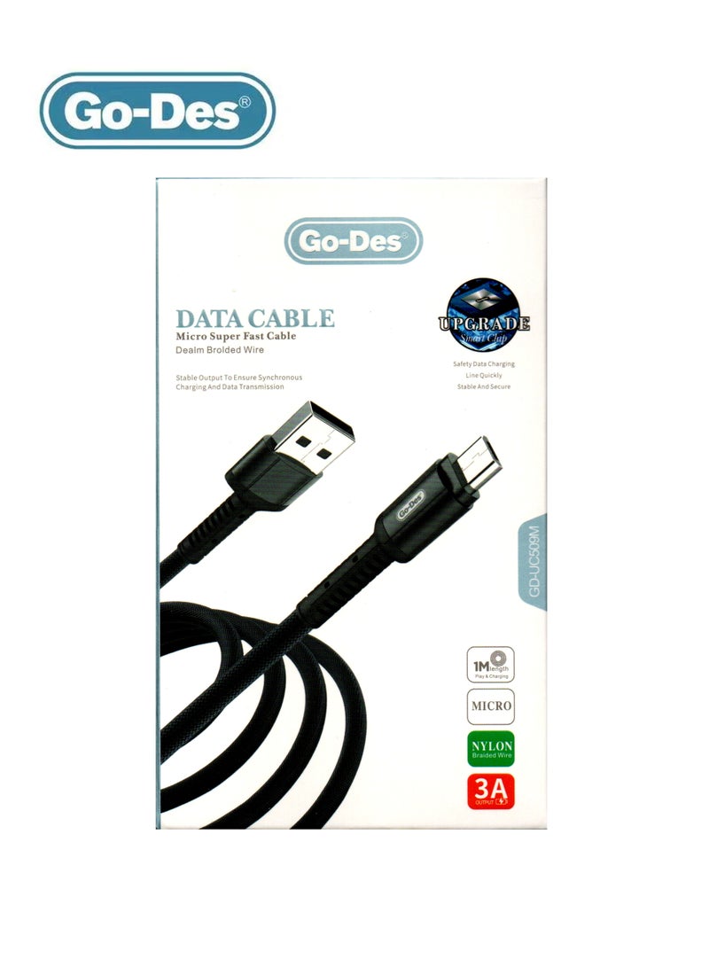جو-ديز كابل بيانات Go-Des نايلون ميكرو USB فائق السرعة 1 متر GD-UC509M - أسود - Image 1