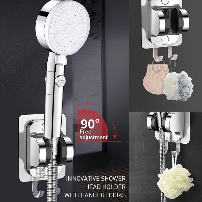 HASTHIP Shower Head Holder Strong Adhesive Shower Head Wall Mounting Bracket Adjustable Shower Wand Holder with 2 Hanger Hooks No Drill Need - Image 3