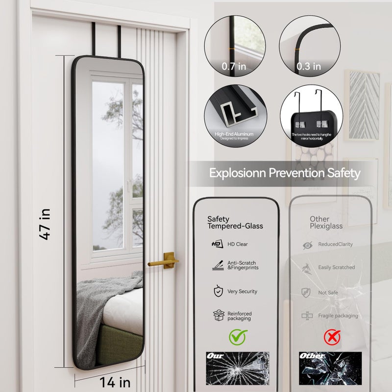 SCWF-GZ 47x14 Mirror Rectangle Full Body Length Door Hanging Wall Mounted Metal Aluminum Alloy Frame Dressing Make-up Mirrors for Entryway Bedroom Bathroom Living Room 47 14 inch Black - Image 3