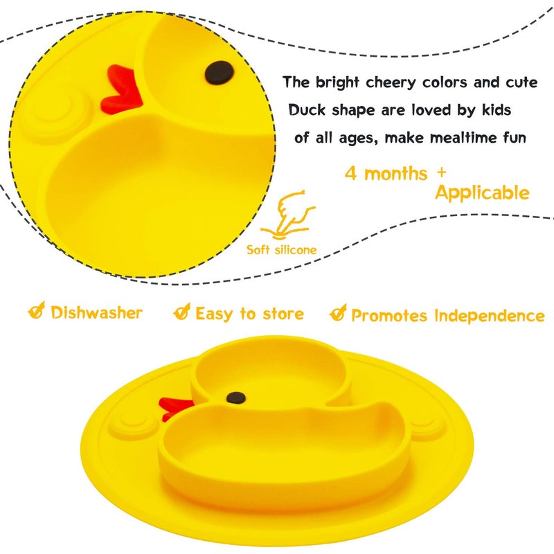 Linowos Silicone Divided Toddler Plates, Portable Non Slip Suction Plates for Children Babies and Kids BPA Free Baby Dinner Plate (Duck-Yellow) 1 - Image 4