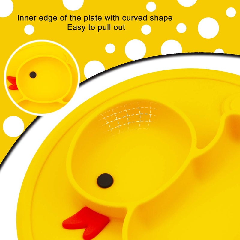 Linowos Silicone Divided Toddler Plates, Portable Non Slip Suction Plates for Children Babies and Kids BPA Free Baby Dinner Plate (Duck-Yellow) 1 - Image 3