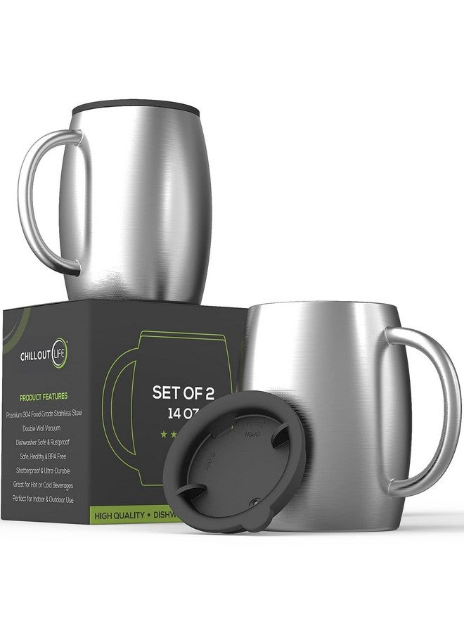 CHILLOUT LIFE Stainless Steel Insulated Coffee Mugs Set of 2 (14oz) - Double Wall Coffee Cups with Spill Resistant Lid & Strong Handle, Shatterproof Cups for Cold Drinks and Hot Beverages - Image 1