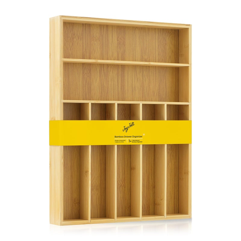 JoyJolt Bamboo Drawer Organizer, 7-Compartment Silverware Organizer, Cutlery and Utensil Organizer, Drawer Organizers for Garage, Kitchen, and Bathroom, Organizer Drawers for Kitchen Utensils - Image 1