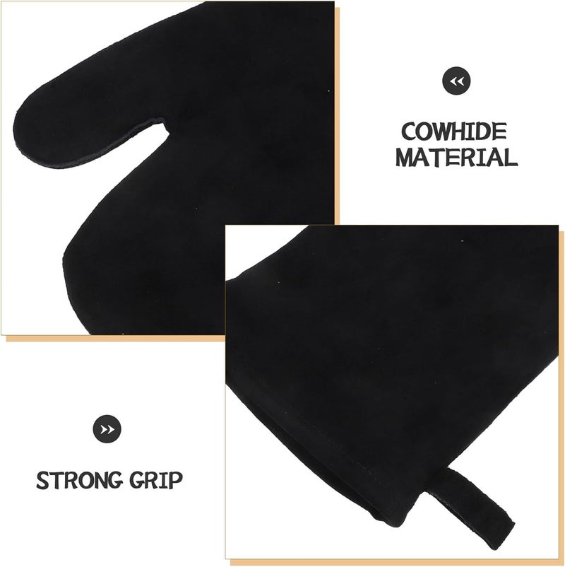 FUOYLOO BBQ Gloves Heat Resistant Leather Cooking Mittens Scald-Proof Oven Mitt for Grilling Barbecue Kitchen Use Black Two-Finger Design - Image 5