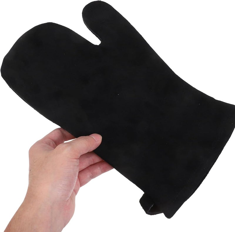 FUOYLOO BBQ Gloves Heat Resistant Leather Cooking Mittens Scald-Proof Oven Mitt for Grilling Barbecue Kitchen Use Black Two-Finger Design - Image 2