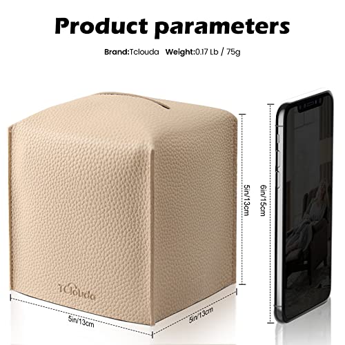 Tclouda Tissue Box Cover, Tclouda, Modern PU Leather Square Tissue Box Holder for Creative Decorative, Ideal for Bathrooms/Office/Car/Nightstand/Outdoor Tent/Dining Table, 5"X5"X5", Single Beige - Image 2