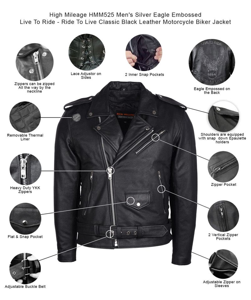 Vance Leather Men's Eagle Embossed Live To Ride - Ride To Live Classic Black Leather Motorcycle Biker Jacket (Large, Black) - Image 2