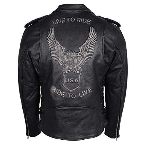Vance Leather Men's Eagle Embossed Live To Ride - Ride To Live Classic Black Leather Motorcycle Biker Jacket (Large, Black) - Image 1