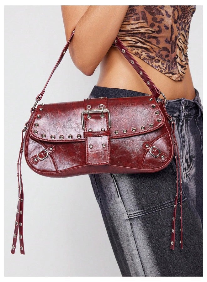 MakeMeChic Women's Shoulder Bags Y2K PU Leather Clutch Small Purse Hobo Bags Burgundy One-Size - Image 5