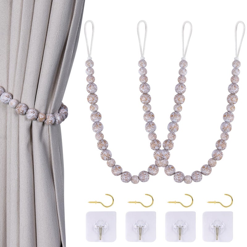 Wood Bead Curtain Tiebacks KLOGTSIND Set of 2 Curtain Holdbacks for Thin or Thick Window Draperies Boho Farmhouse Curtain Tiebacks with Hooks Curtain Tie Backs for Home Office Room Decor