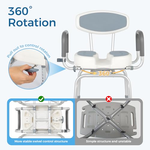 FAHKNS Senior Bathing Chair Swivel Shower Chair with Arms and Back, 400 lbs Heavy Duty U-Shape Seat for Inside Tub, Height Adjustable Safety Bath Seat for Elderly and Disabled - Image 4