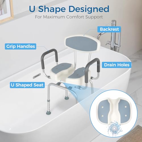 FAHKNS Senior Bathing Chair Swivel Shower Chair with Arms and Back, 400 lbs Heavy Duty U-Shape Seat for Inside Tub, Height Adjustable Safety Bath Seat for Elderly and Disabled - Image 2