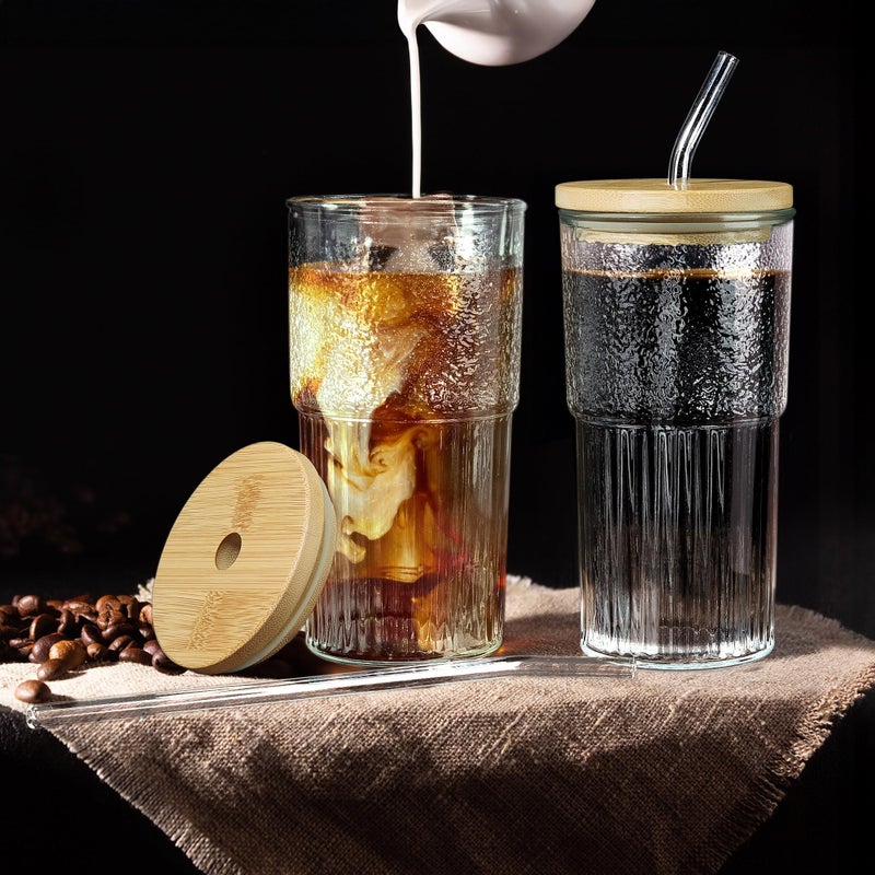 Joeyan 24 oz Clear Glass Tumbler with Straw and Bamboo Lid,Ribbed Large Glasses Cups for Iced Tea Coffee Smoothie Water Juice Beverages Soda,Thickened Drinking Jar,Set of 2,Dishwasher Safe - Image 2