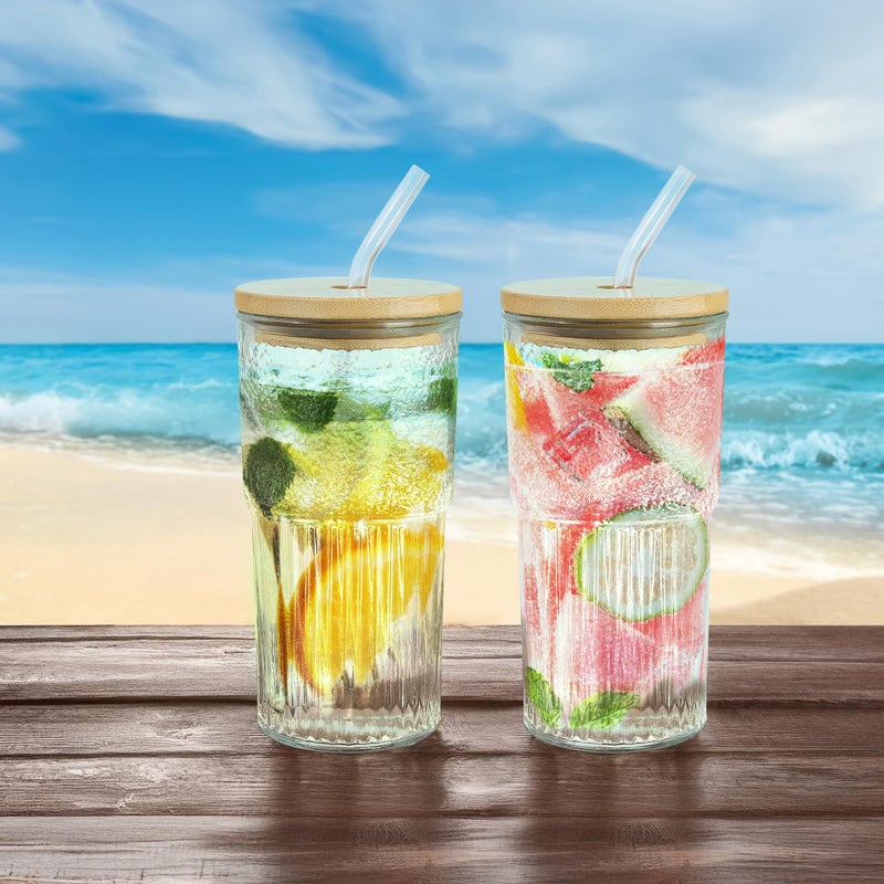 Joeyan 24 oz Clear Glass Tumbler with Straw and Bamboo Lid,Ribbed Large Glasses Cups for Iced Tea Coffee Smoothie Water Juice Beverages Soda,Thickened Drinking Jar,Set of 2,Dishwasher Safe - Image 4