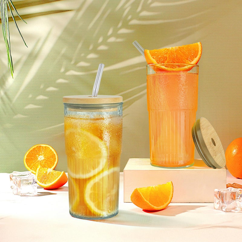 Joeyan 24 oz Clear Glass Tumbler with Straw and Bamboo Lid,Ribbed Large Glasses Cups for Iced Tea Coffee Smoothie Water Juice Beverages Soda,Thickened Drinking Jar,Set of 2,Dishwasher Safe - Image 5