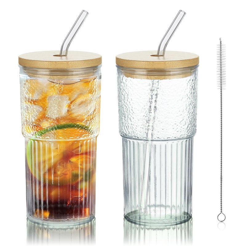 Joeyan 24 oz Clear Glass Tumbler with Straw and Bamboo Lid,Ribbed Large Glasses Cups for Iced Tea Coffee Smoothie Water Juice Beverages Soda,Thickened Drinking Jar,Set of 2,Dishwasher Safe - Image 1