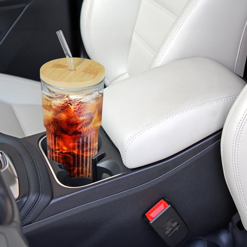 Joeyan 24 oz Clear Glass Tumbler with Straw and Bamboo Lid,Ribbed Large Glasses Cups for Iced Tea Coffee Smoothie Water Juice Beverages Soda,Thickened Drinking Jar,Set of 2,Dishwasher Safe - Image 3