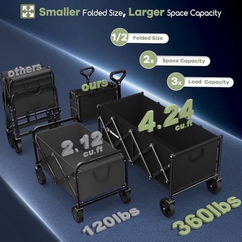 Hikemoon 34 Extra Long Collapsible Wagons Carts Foldable 360LBS Heavy Duty Folding Beach Wagon Cart with Wheels Portable Utility Outdoor Wagon for Grocery Shopping Garden Sports Camping Black - Image 3