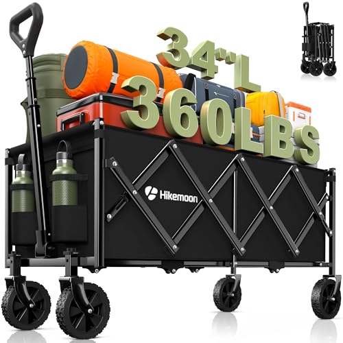 Hikemoon 34 Extra Long Collapsible Wagons Carts Foldable 360LBS Heavy Duty Folding Beach Wagon Cart with Wheels Portable Utility Outdoor Wagon for Grocery Shopping Garden Sports Camping Black - Image 1