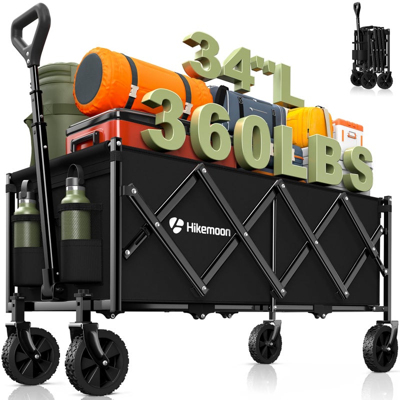 Hikemoon 34 Extra Long Collapsible Wagons Carts Foldable 360LBS Heavy Duty Folding Beach Wagon Cart with Wheels Portable Utility Outdoor Wagon for Grocery Shopping Garden Sports Camping Black - Image 2
