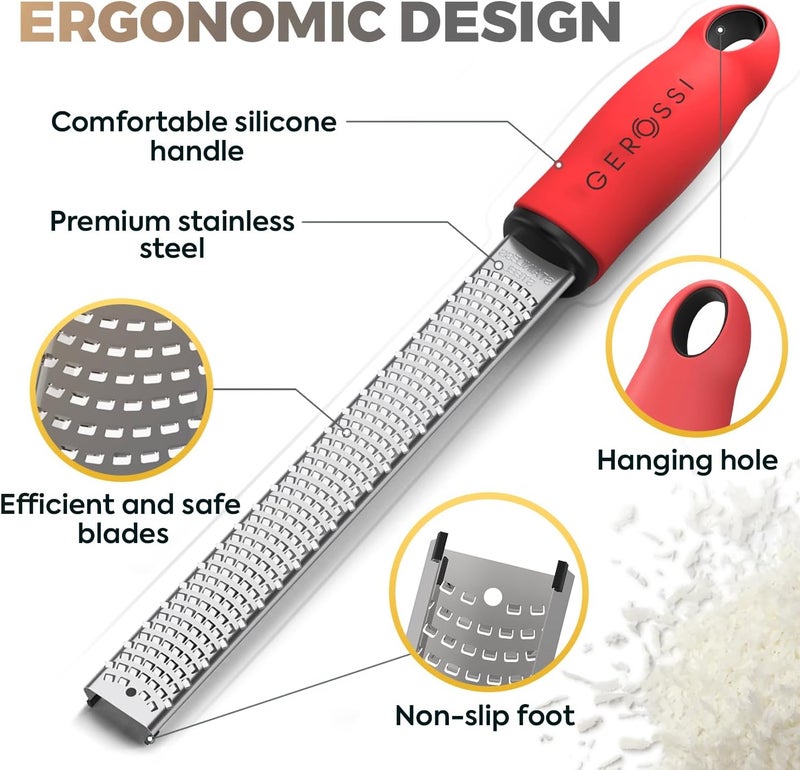 GEROSSI Stainless Steel Cheese Grater & Lemon Zester w/Extra Sharp Blade - Perfect for Lemon, Parmesan, Garlic, Chocolate - Spice Up any Dish in Seconds w/Your Premium Citrus Hand Grater with Handle - Red - Image 4