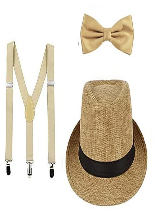 CLOTHERA Beige Suspender and Bow Tie Set with jute matched Hat for Kids 1yrs to 4yrs - Image 1