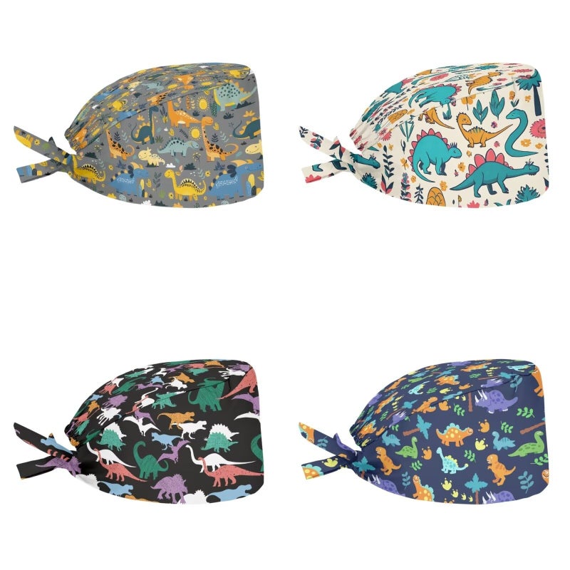 Babrukda 4 Pieces Set Beanie Cap with Sweatband Adjustable Tie Back Hats Turban Hat for Women Men Dinosaur Pattern Head Hair Cover Headwear for Photo Props Sports Beach Work - Image 1