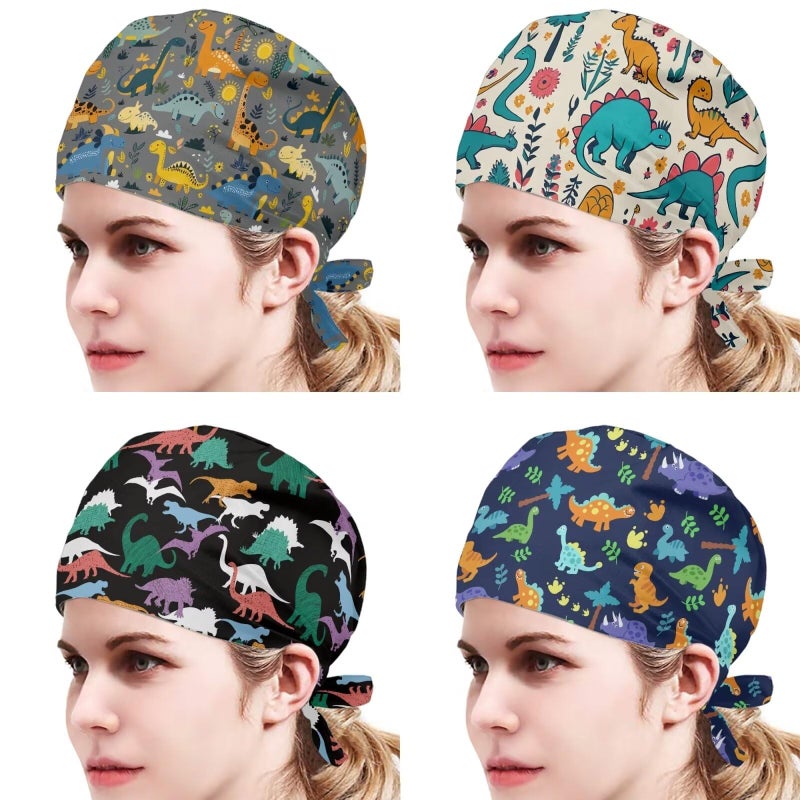 Babrukda 4 Pieces Set Beanie Cap with Sweatband Adjustable Tie Back Hats Turban Hat for Women Men Dinosaur Pattern Head Hair Cover Headwear for Photo Props Sports Beach Work - Image 2