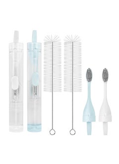 Linkidea Linkidea 2 in 1 Portable Toothbrush Built-in Tube, Refillable Toothpaste Container Case, Travel Fold Toothbrush Kit with 2 Replace Toothbrush Head and 2 Cleaning Brushes (Blue, White)  - Image 1