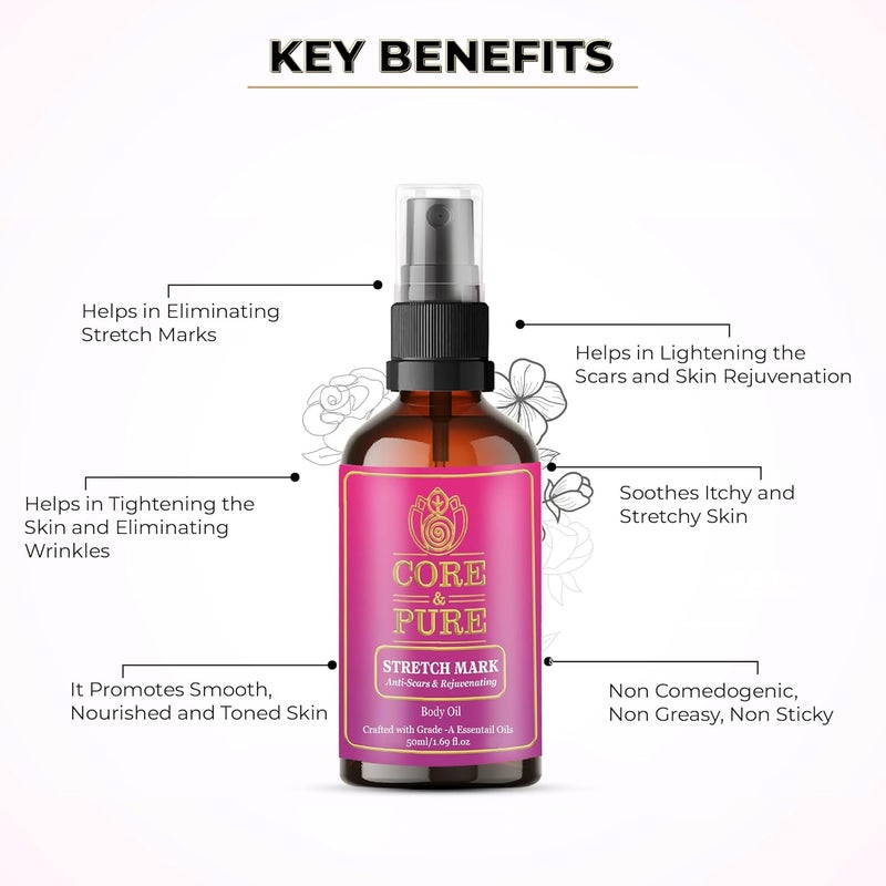 CORE & PURE CORE PURE Stretch Mark Oil Helps in Scar Removal Uneven Skin Tone Soothes Itchy and Stretchy Skin with 100 Natural Essential Oils Rose Myrrh Jasmine All Skin Types 50ml - Image 3