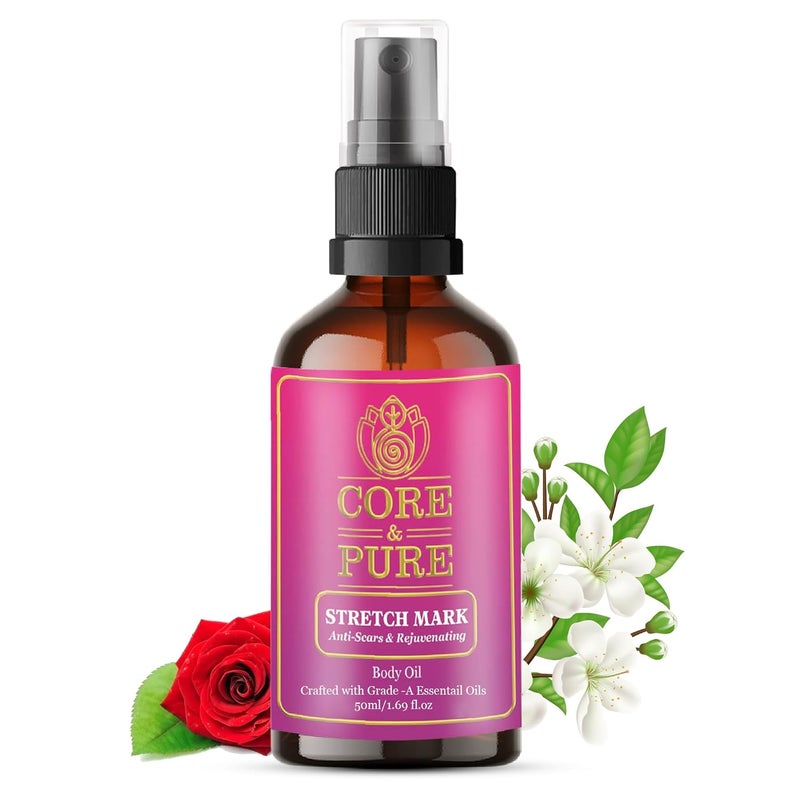 CORE & PURE CORE PURE Stretch Mark Oil Helps in Scar Removal Uneven Skin Tone Soothes Itchy and Stretchy Skin with 100 Natural Essential Oils Rose Myrrh Jasmine All Skin Types 50ml - Image 1