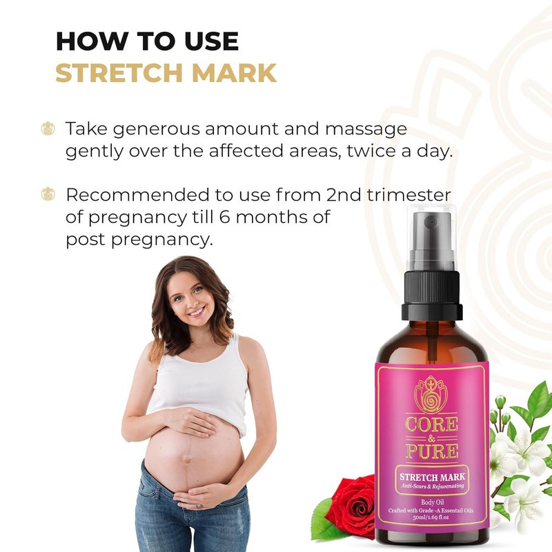 CORE & PURE CORE PURE Stretch Mark Oil Helps in Scar Removal Uneven Skin Tone Soothes Itchy and Stretchy Skin with 100 Natural Essential Oils Rose Myrrh Jasmine All Skin Types 50ml - Image 4