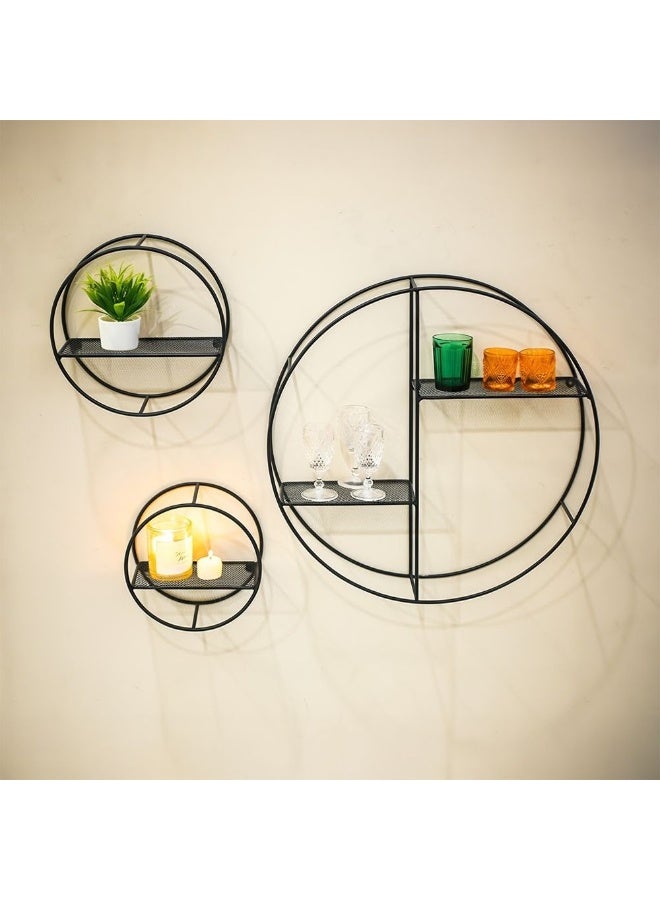 DANUBE HOME مجموعة ليكسي من 3 رفوف حائط دائرية الشكل - رفوف حائط معدنية رمادية أنيقة لتزيين غرفة المعيشة، حل تخزين حديث للمنزل، مثالية لعرض الفن والنباتات - L55xW12xH55cm