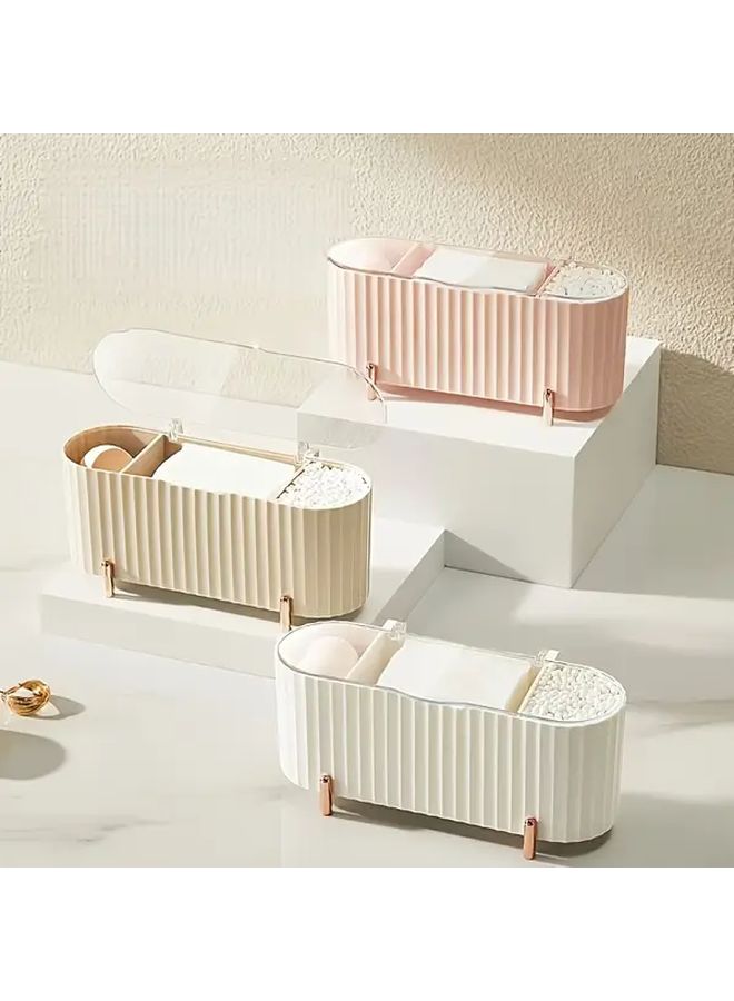 White 3 Compartment Makeup Organizer With Lid Clear Cosmetic Storage Box For Bathroom Desk Travel - Image 2