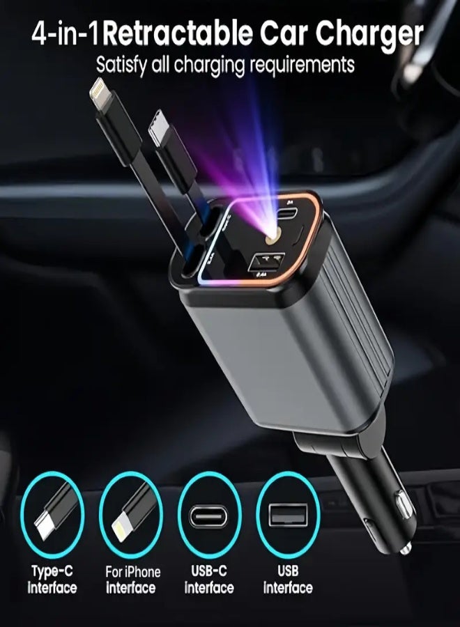AROAQ 4-in-1 Retractable Car Charger with 66W Fast Charging & LED Star Projector – Dual USB Ports, Retractable Cables for iPhone, Samsung, Android & Pixel – Universal Travel Auto Accessory - Image 2