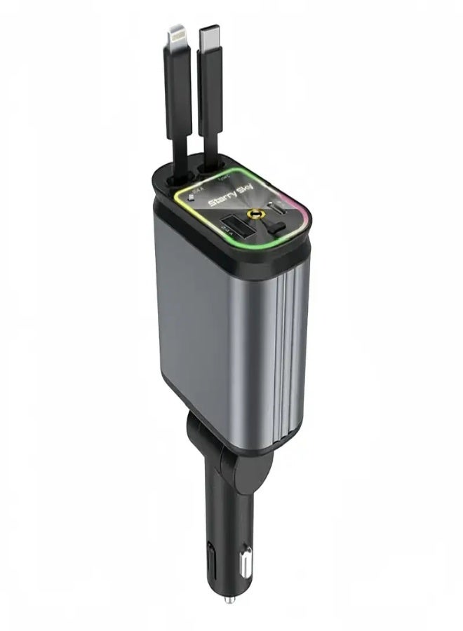 AROAQ 4-in-1 Retractable Car Charger with 66W Fast Charging & LED Star Projector – Dual USB Ports, Retractable Cables for iPhone, Samsung, Android & Pixel – Universal Travel Auto Accessory - Image 1