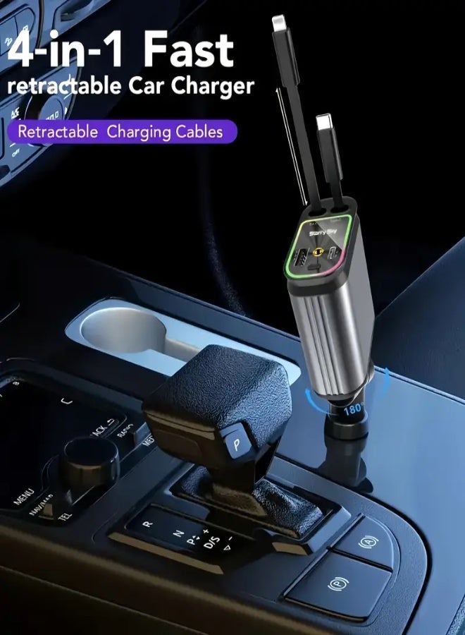 AROAQ 4-in-1 Retractable Car Charger with 66W Fast Charging & LED Star Projector – Dual USB Ports, Retractable Cables for iPhone, Samsung, Android & Pixel – Universal Travel Auto Accessory - Image 3