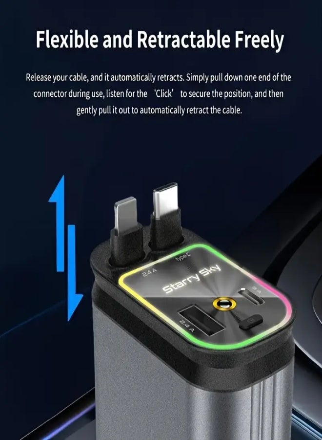 AROAQ 4-in-1 Retractable Car Charger with 66W Fast Charging & LED Star Projector – Dual USB Ports, Retractable Cables for iPhone, Samsung, Android & Pixel – Universal Travel Auto Accessory - Image 4