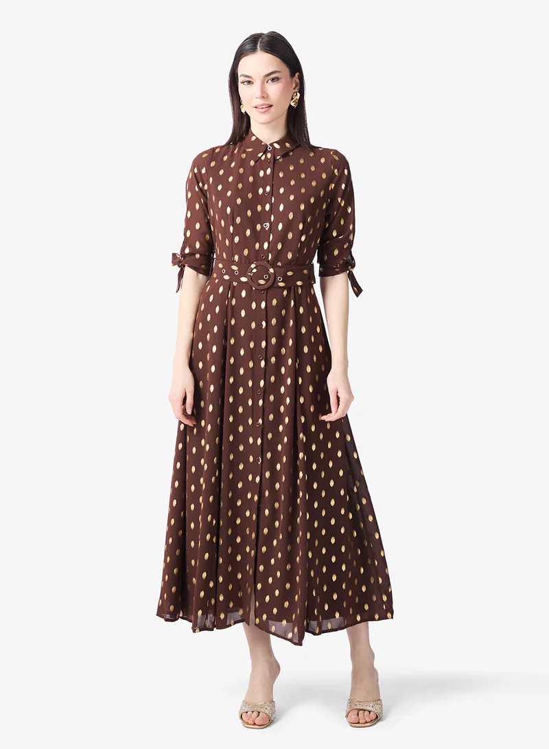 Polka Dot Print Belt Detail Maxi Dress