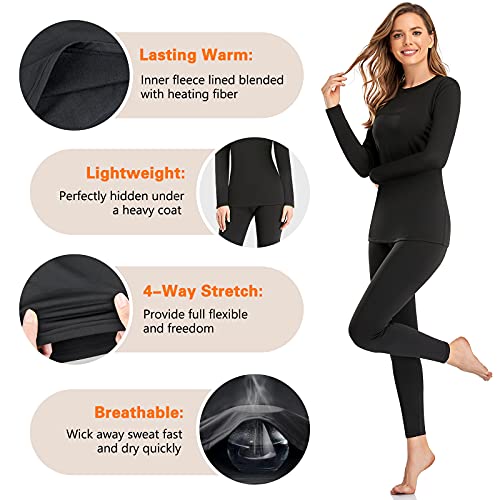 SIMIYA Thermal Underwear Set for Women Long Johns with Fleece Lined Long Sleeves Base Layer Set Top Bottom Black - Image 3